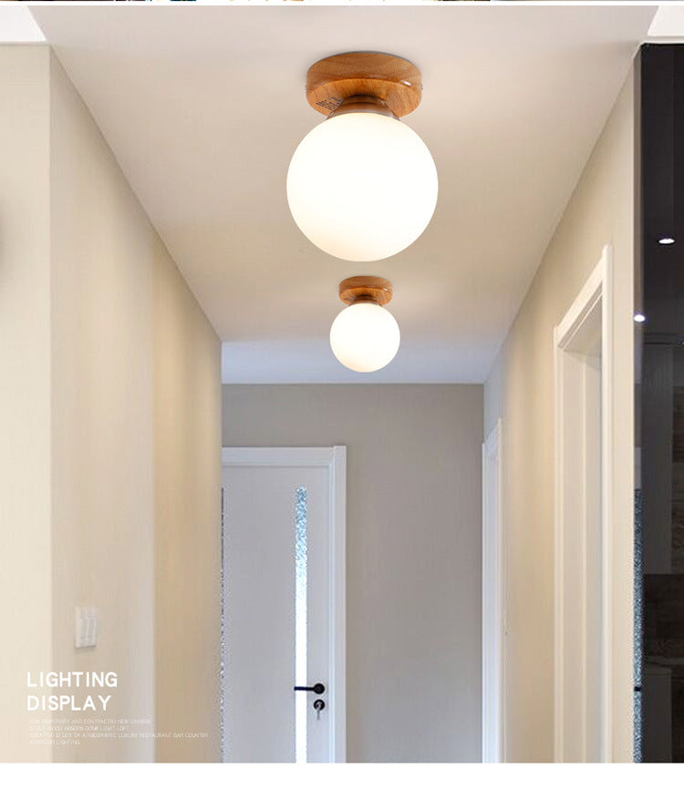Mini plafonnier en bois minimaliste contemporain, lumière unique, abat-jour Globe en verre dépoli, lampe encastrée pour couloir et allée