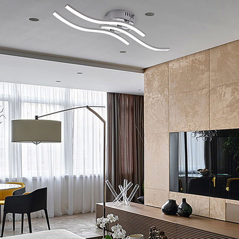 Plafonnier LED en forme de ligne ondulée argentée en métal à 3 lumières, lampe semi-encastrée Art déco pour salle à manger