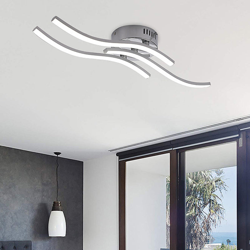 Plafonnier LED en forme de ligne ondulée argentée en métal à 3 lumières, lampe semi-encastrée Art déco pour salle à manger