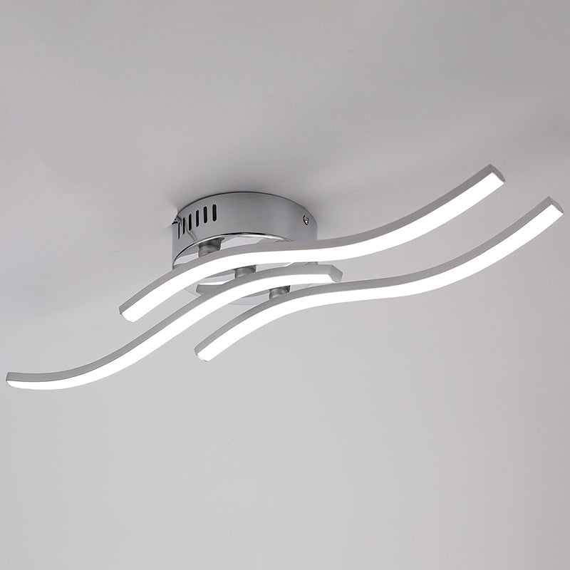 Plafonnier LED en forme de ligne ondulée argentée en métal à 3 lumières, lampe semi-encastrée Art déco pour salle à manger
