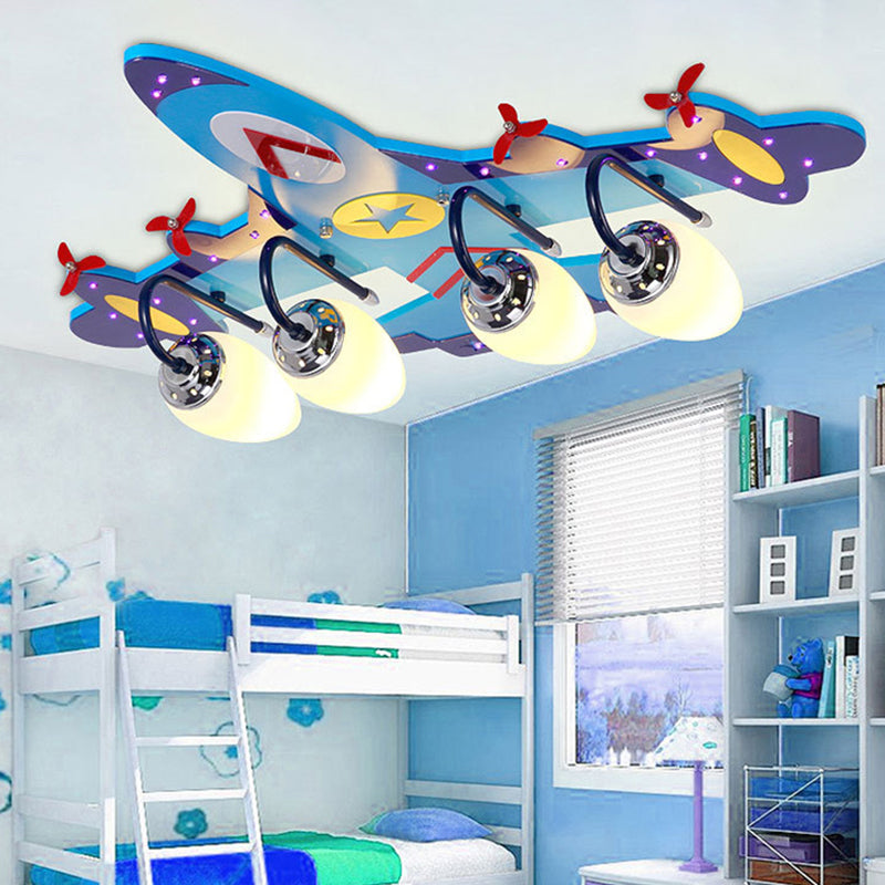 4 Lights Aircraft LED Flush Mount Light Remote Control Glass Ceiling Light in Chrome Finish for Kindergarten Children Room