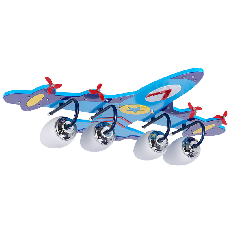 4 Lights Aircraft LED Flush Mount Light Remote Control Glass Ceiling Light in Chrome Finish for Kindergarten Children Room