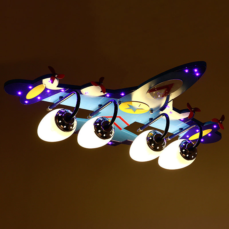 4 Lights Aircraft LED Flush Mount Light Remote Control Glass Ceiling Light in Chrome Finish for Kindergarten Children Room