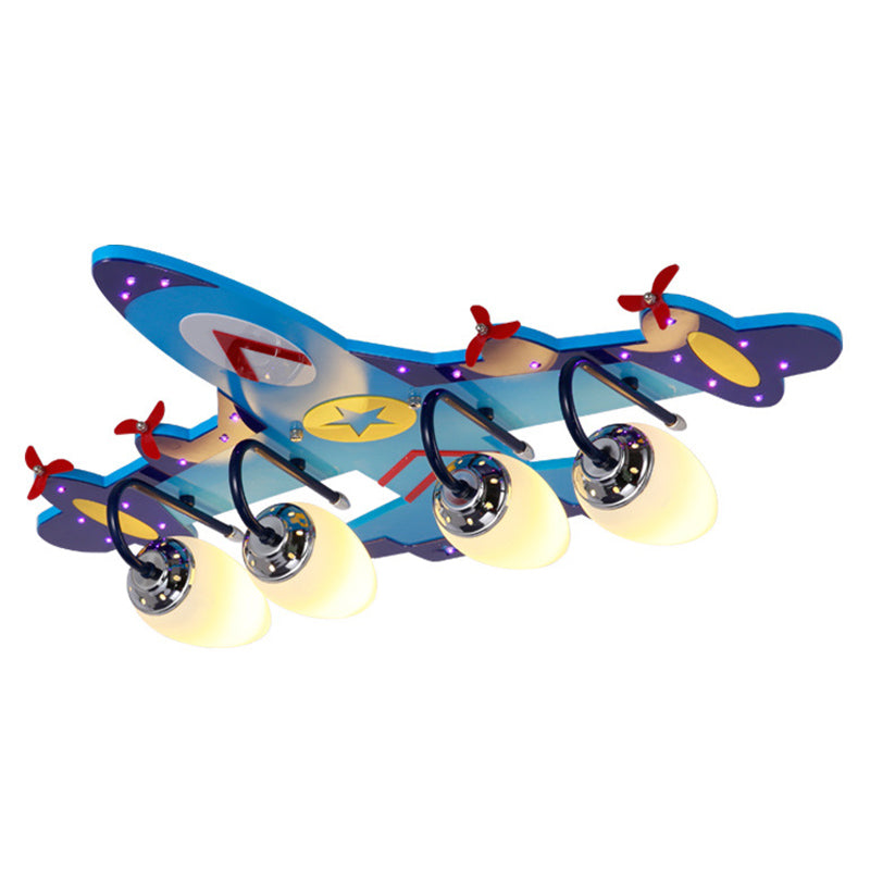 4 Lights Aircraft LED Flush Mount Light Remote Control Glass Ceiling Light in Chrome Finish for Kindergarten Children Room