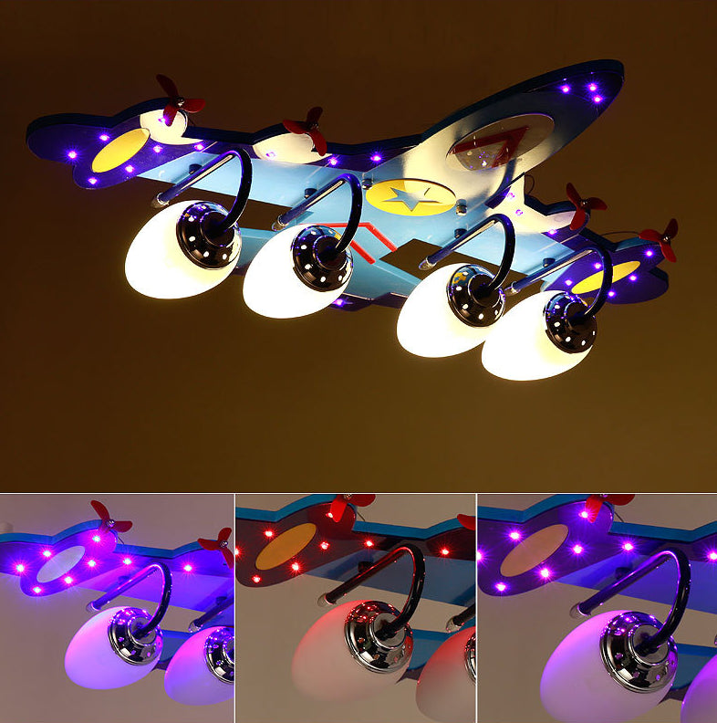 4 Lights Aircraft LED Flush Mount Light Remote Control Glass Ceiling Light in Chrome Finish for Kindergarten Children Room