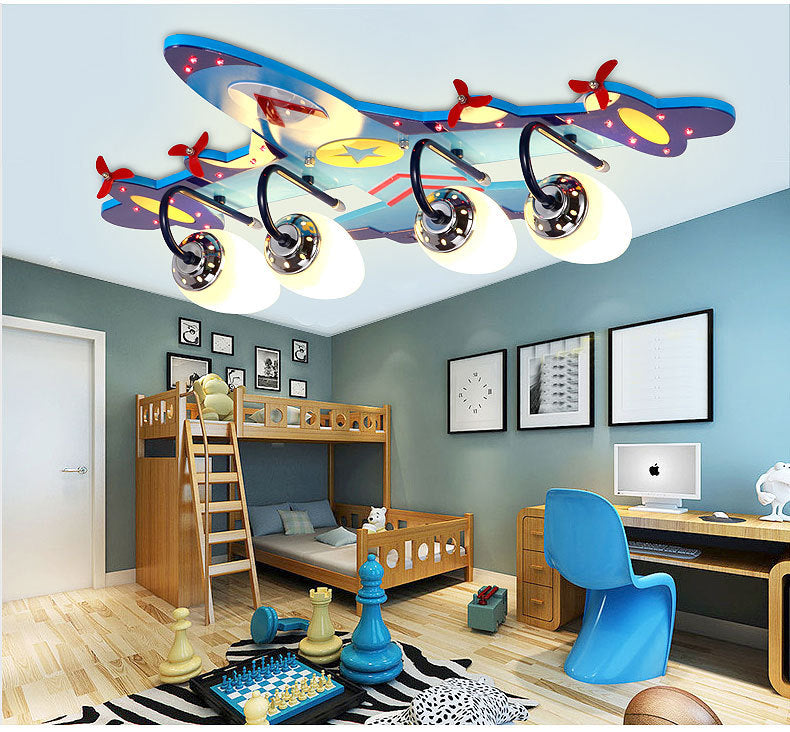 4 Lights Aircraft LED Flush Mount Light Remote Control Glass Ceiling Light in Chrome Finish for Kindergarten Children Room