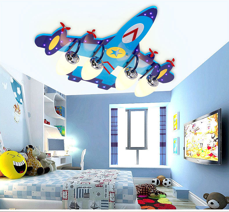 4 Lights Aircraft LED Flush Mount Light Remote Control Glass Ceiling Light in Chrome Finish for Kindergarten Children Room
