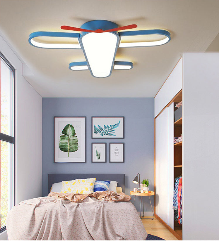 Cartoon Airplane Shaped Ceiling Mount Light Acrylic Shade Creative Boys Room LED Ceiling Lamp in Blue