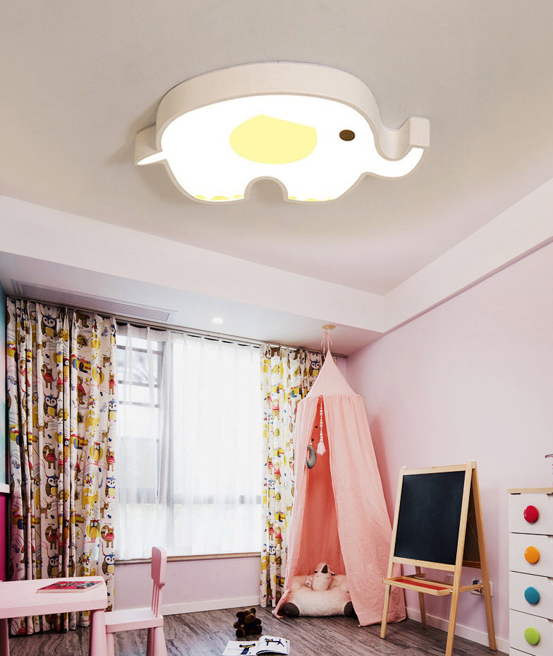 Cartoon Animals Shaped Metal Flush Light White Children Room LED Flush Ceiling Lamp with Acrylic Lampshade