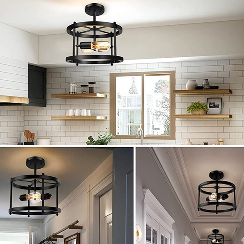 Wrought Iron + Wood Frame Vintage Ceiling Light 2 Lights Industrial Style Semi Flush Mount Lamp for Coffee Shop