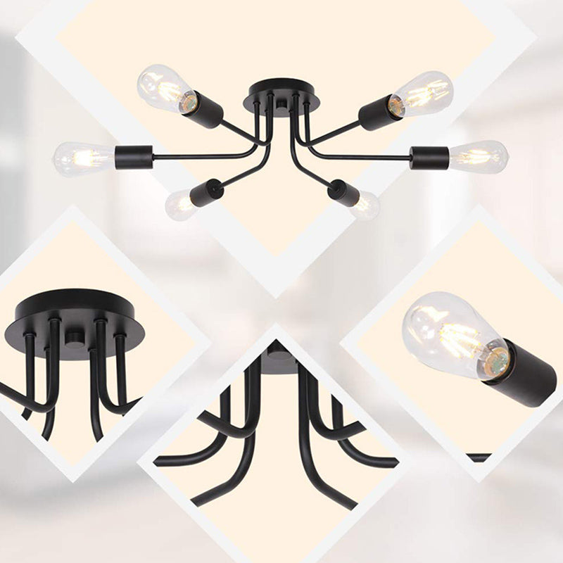 Multi Lights Satellite Shaped Ceiling Light Vintage Industrial Style Wrought Iron Ceiling Pendants Lamp in Black