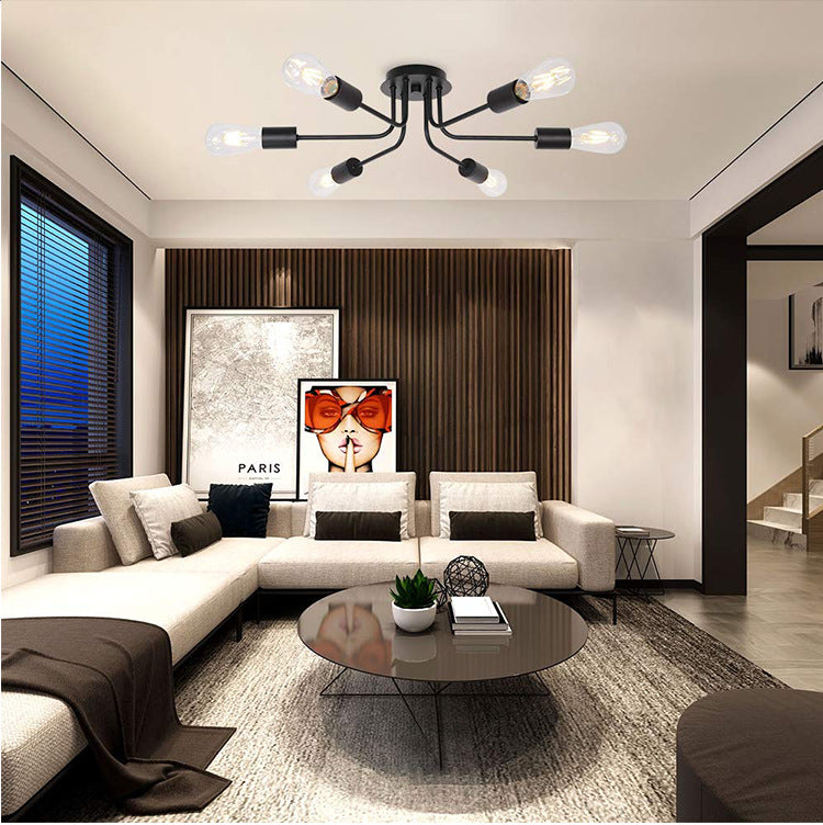 Multi Lights Satellite Shaped Ceiling Light Vintage Industrial Style Wrought Iron Ceiling Pendants Lamp in Black