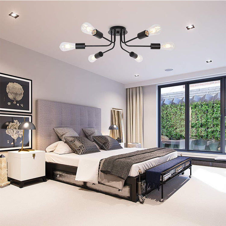 Multi Lights Satellite Shaped Ceiling Light Vintage Industrial Style Wrought Iron Ceiling Pendants Lamp in Black