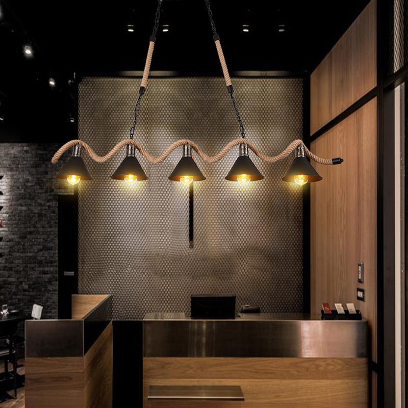Wave-shaped Hemp Rope Island Lamp Industrial Retro Black Metal Saucer Shade Pendant Light for Bar