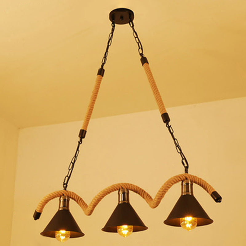 Wave-shaped Hemp Rope Island Lamp Industrial Retro Black Metal Saucer Shade Pendant Light for Bar