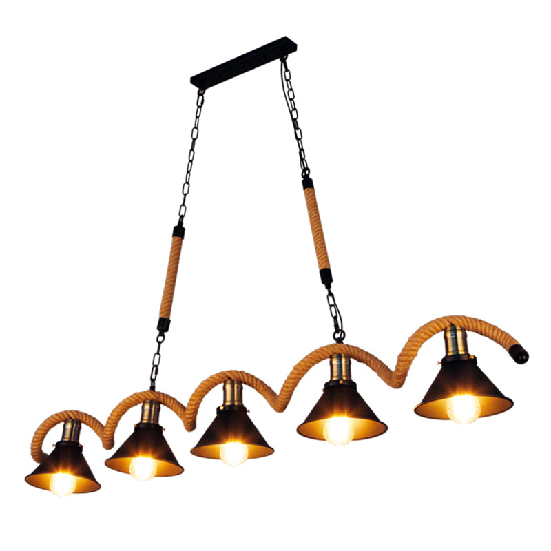 Wave-shaped Hemp Rope Island Lamp Industrial Retro Black Metal Saucer Shade Pendant Light for Bar