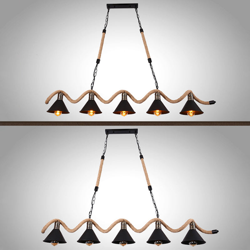 Wave-shaped Hemp Rope Island Lamp Industrial Retro Black Metal Saucer Shade Pendant Light for Bar