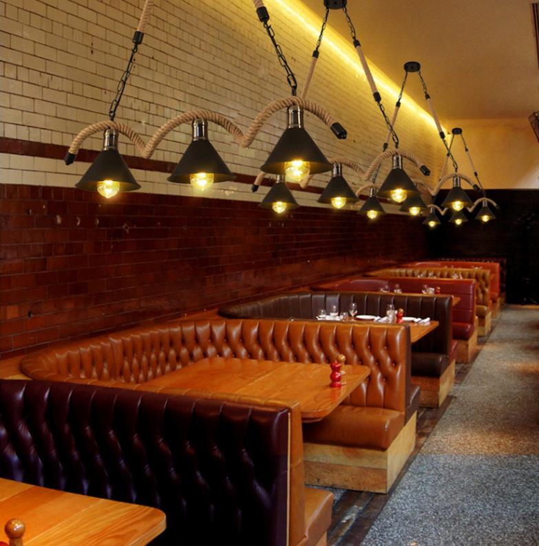 Wave-shaped Hemp Rope Island Lamp Industrial Retro Black Metal Saucer Shade Pendant Light for Bar