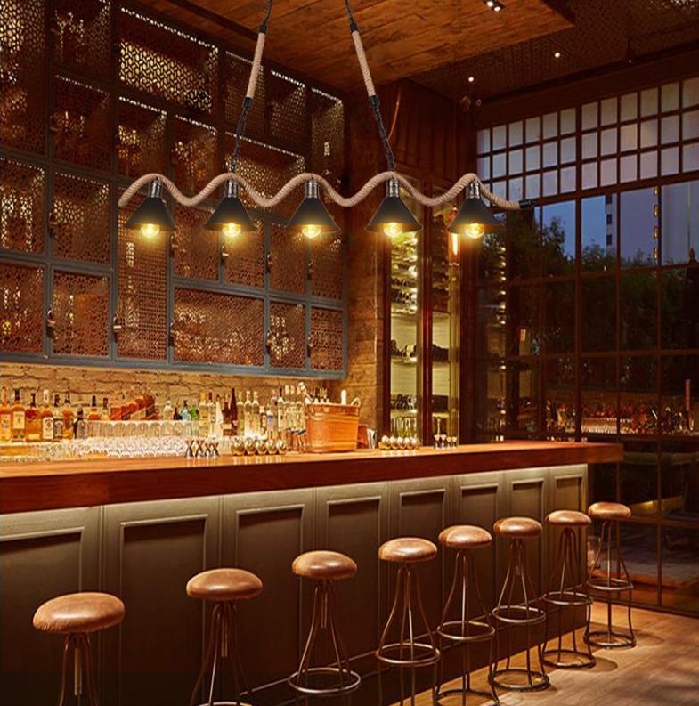 Wave-shaped Hemp Rope Island Lamp Industrial Retro Black Metal Saucer Shade Pendant Light for Bar