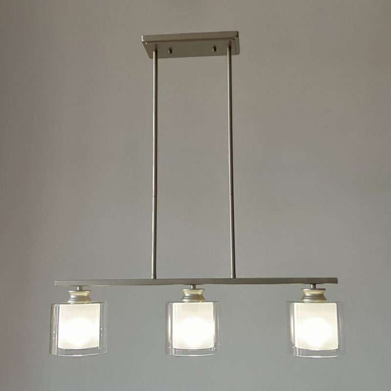 3-Lights Double Cylindrical Glass Shade Island Pendant Modern Simplicity Kitchen Bar Lighting Fixture in Champagne Gold