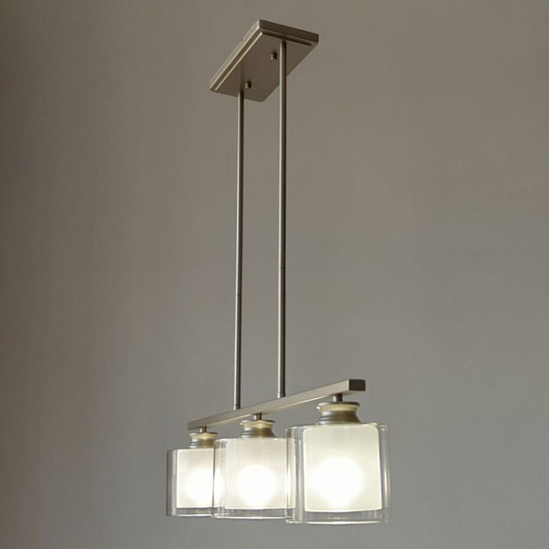 3-Lights Double Cylindrical Glass Shade Island Pendant Modern Simplicity Kitchen Bar Lighting Fixture in Champagne Gold