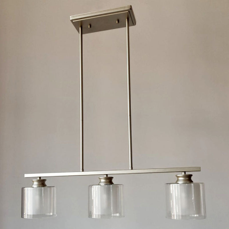 3-Lights Double Cylindrical Glass Shade Island Pendant Modern Simplicity Kitchen Bar Lighting Fixture in Champagne Gold