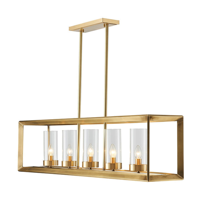 5 Lights Candlestick Shape Island Light with Clear Glass Shade Rectangular Wrought Iron Cage Industrial Style Hanging Pendant