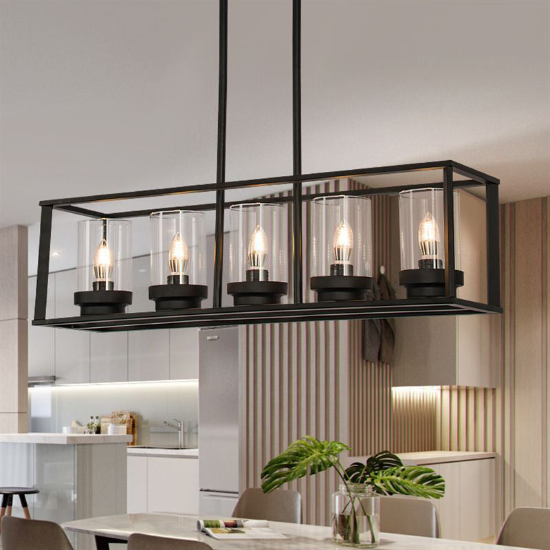 5 Lights Candlestick Shape Island Light with Clear Glass Shade Rectangular Wrought Iron Cage Industrial Style Hanging Pendant
