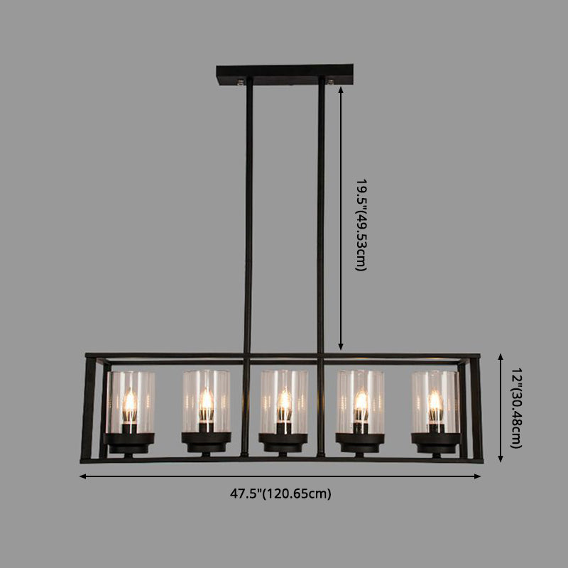 5 Lights Candlestick Shape Island Light with Clear Glass Shade Rectangular Wrought Iron Cage Industrial Style Hanging Pendant
