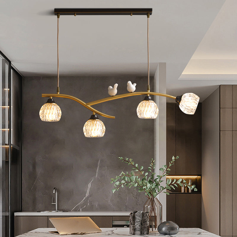 4 Lights Brass Branch Shaped Island Light Pineapple Texture Glass Shade Modern Style Dining Room Lighting Fixture with Ceramic Bird Decoration