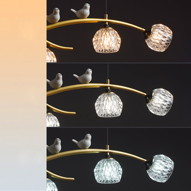 4 Lights Brass Branch Shaped Island Light Pineapple Texture Glass Shade Modern Style Dining Room Lighting Fixture with Ceramic Bird Decoration