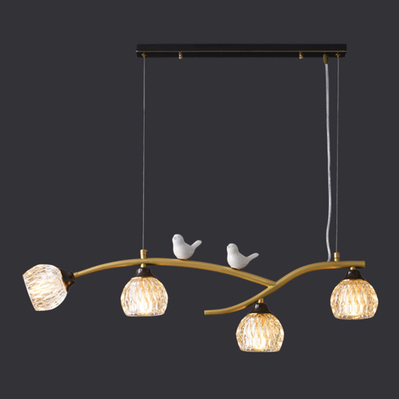 4 Lights Brass Branch Shaped Island Light Pineapple Texture Glass Shade Modern Style Dining Room Lighting Fixture with Ceramic Bird Decoration