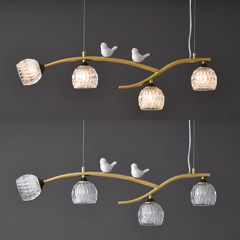 4 Lights Brass Branch Shaped Island Light Pineapple Texture Glass Shade Modern Style Dining Room Lighting Fixture with Ceramic Bird Decoration