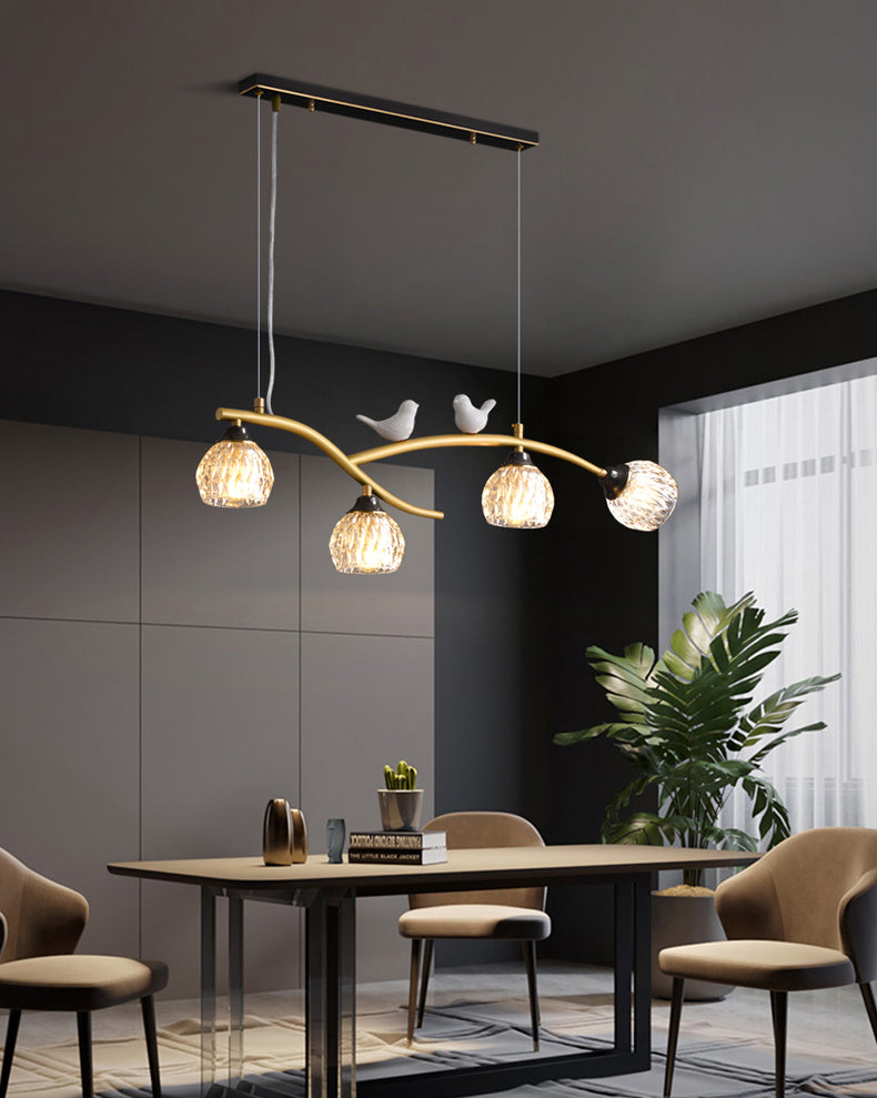 4 Lights Brass Branch Shaped Island Light Pineapple Texture Glass Shade Modern Style Dining Room Lighting Fixture with Ceramic Bird Decoration