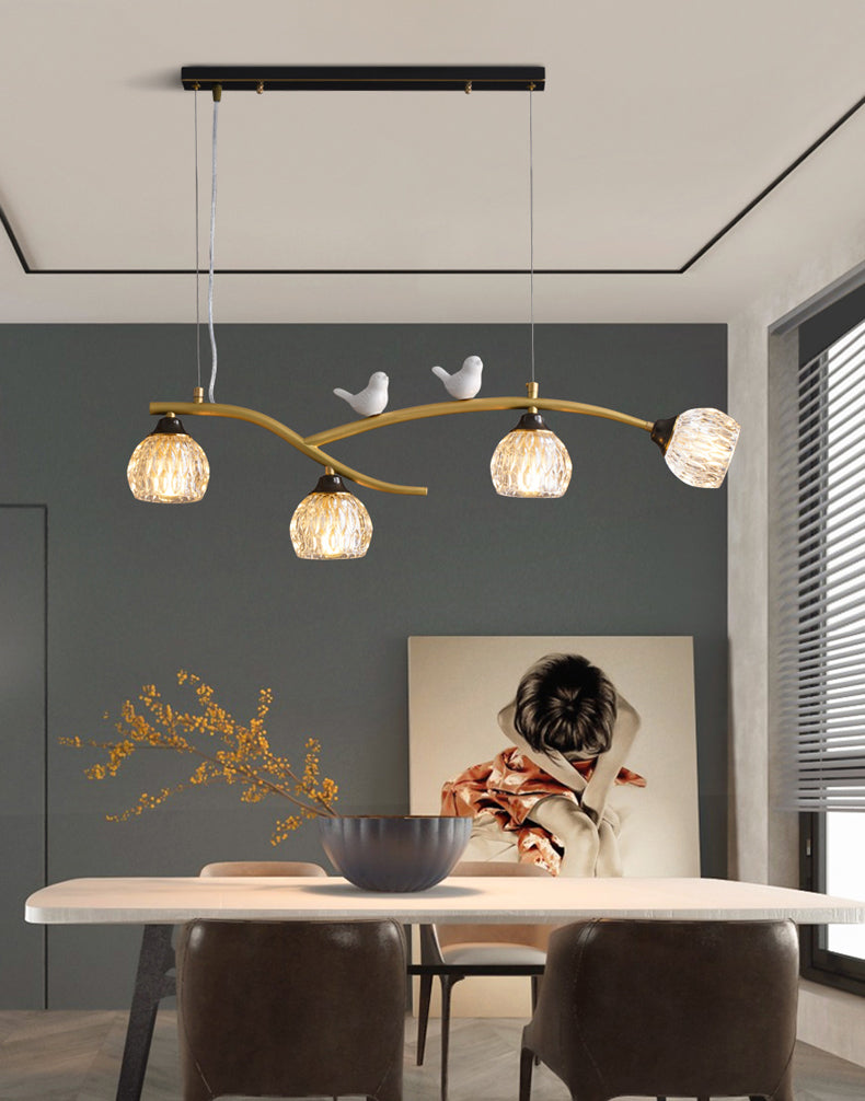 4 Lights Brass Branch Shaped Island Light Pineapple Texture Glass Shade Modern Style Dining Room Lighting Fixture with Ceramic Bird Decoration