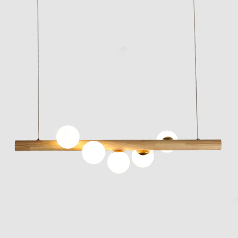 Faux Wood Design Modern Island Light White Glass Ball Shade Modern Hanging Lamp for Restaurants