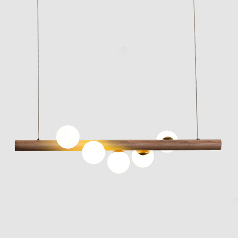 Faux Wood Design Modern Island Light White Glass Ball Shade Modern Hanging Lamp for Restaurants