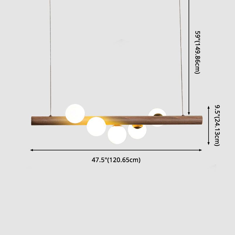 Faux Wood Design Modern Island Light White Glass Ball Shade Modern Hanging Lamp for Restaurants