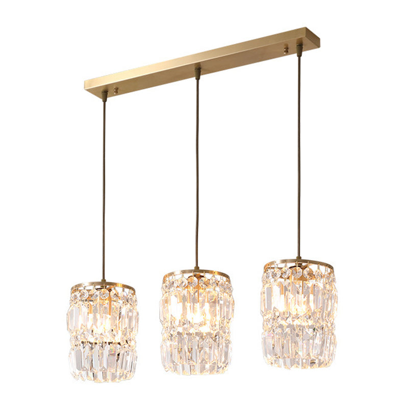 3-Lights K9 Crystal Drops Shade Island Light Brass Contemporary Style Kitchen Bar Hanging Lamp in Gold