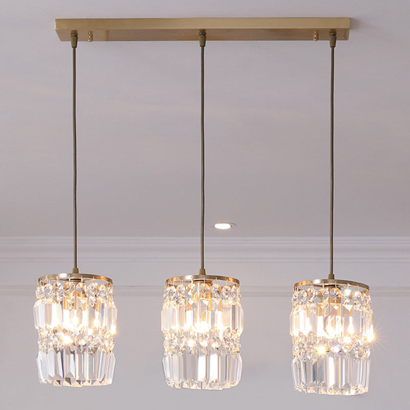 3-Lights K9 Crystal Drops Shade Island Light Brass Contemporary Style Kitchen Bar Hanging Lamp in Gold