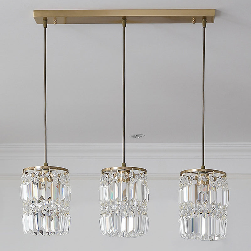 3-Lights K9 Crystal Drops Shade Island Light Brass Contemporary Style Kitchen Bar Hanging Lamp in Gold