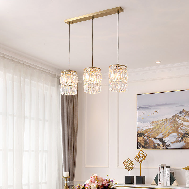 3-Lights K9 Crystal Drops Shade Island Light Brass Contemporary Style Kitchen Bar Hanging Lamp in Gold