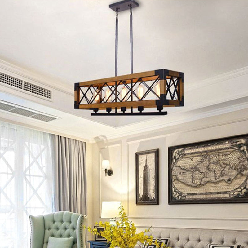 Bois + Iron Cage 5 Light Island Light Industrial Style Hanging Lighting Forment pour Restaurant Cafe Shop