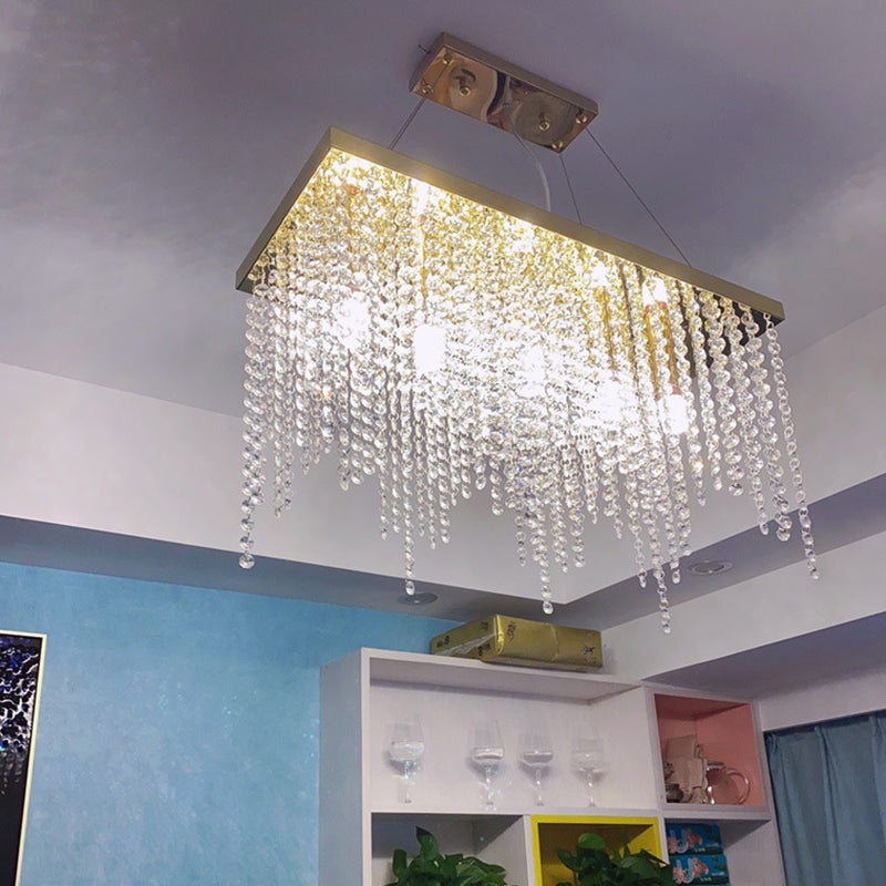 Rectangle Crystal Tassel Island Light Contemporary Style Lighting Fixture in Gold for Dining Room