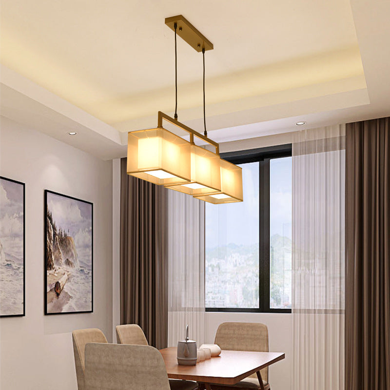 Double-layer Fabric Shade Island Lighting Pendant Chinese Style Metal Rectangle Hanging Light for Study Room
