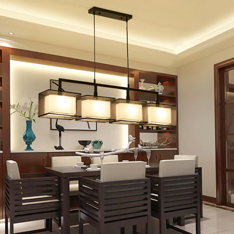Double-layer Fabric Shade Island Lighting Pendant Chinese Style Metal Rectangle Hanging Light for Study Room