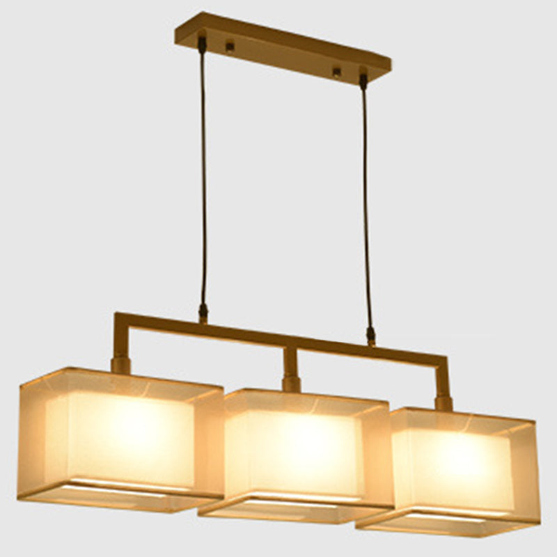 Double-layer Fabric Shade Island Lighting Pendant Chinese Style Metal Rectangle Hanging Light for Study Room
