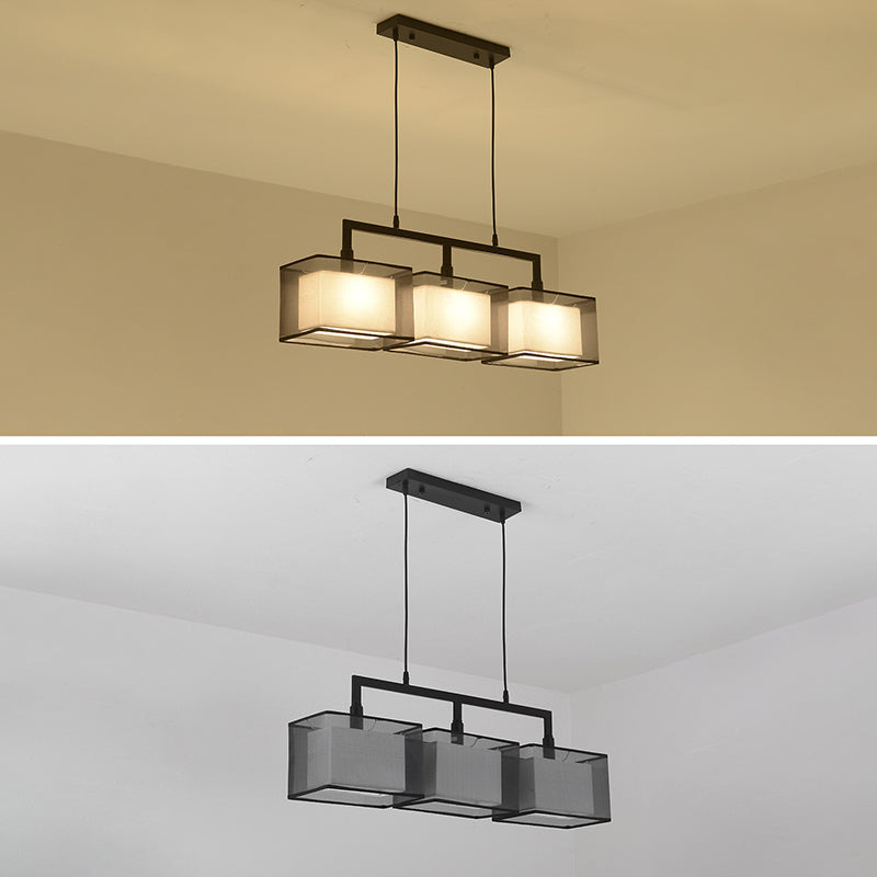 Double-layer Fabric Shade Island Lighting Pendant Chinese Style Metal Rectangle Hanging Light for Study Room