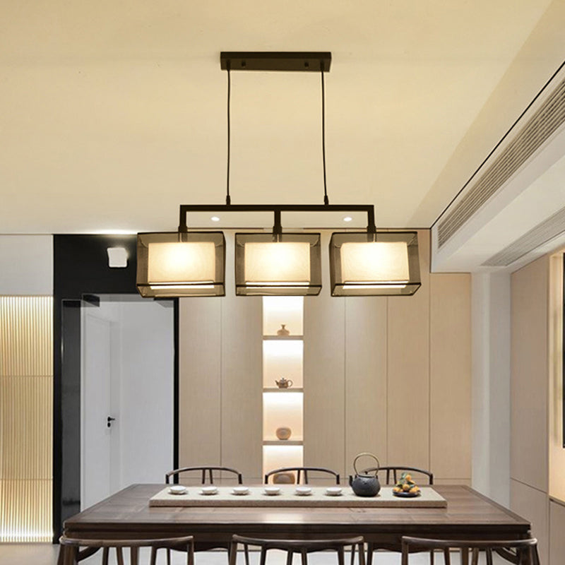 Double-layer Fabric Shade Island Lighting Pendant Chinese Style Metal Rectangle Hanging Light for Study Room