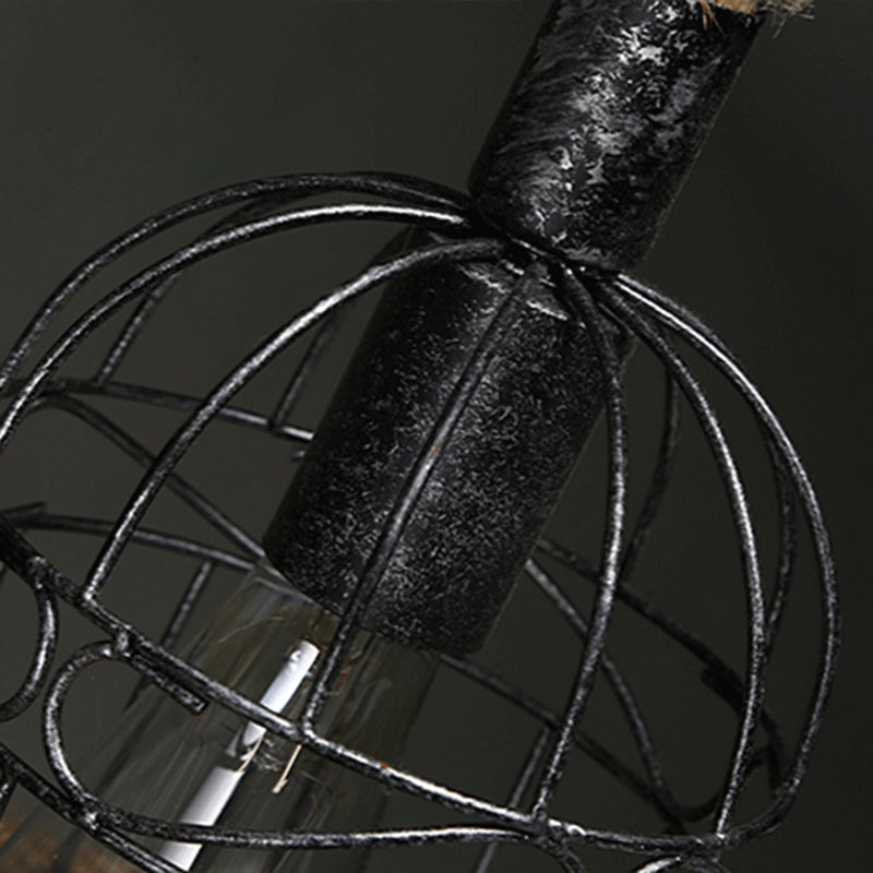 Retro industrial de cáñamo de cáñamo de cáñamo colgante de alambre de hierro tono de jaula 3 luces de techo de madera maciza luz de colgar para bar de restaurantes
